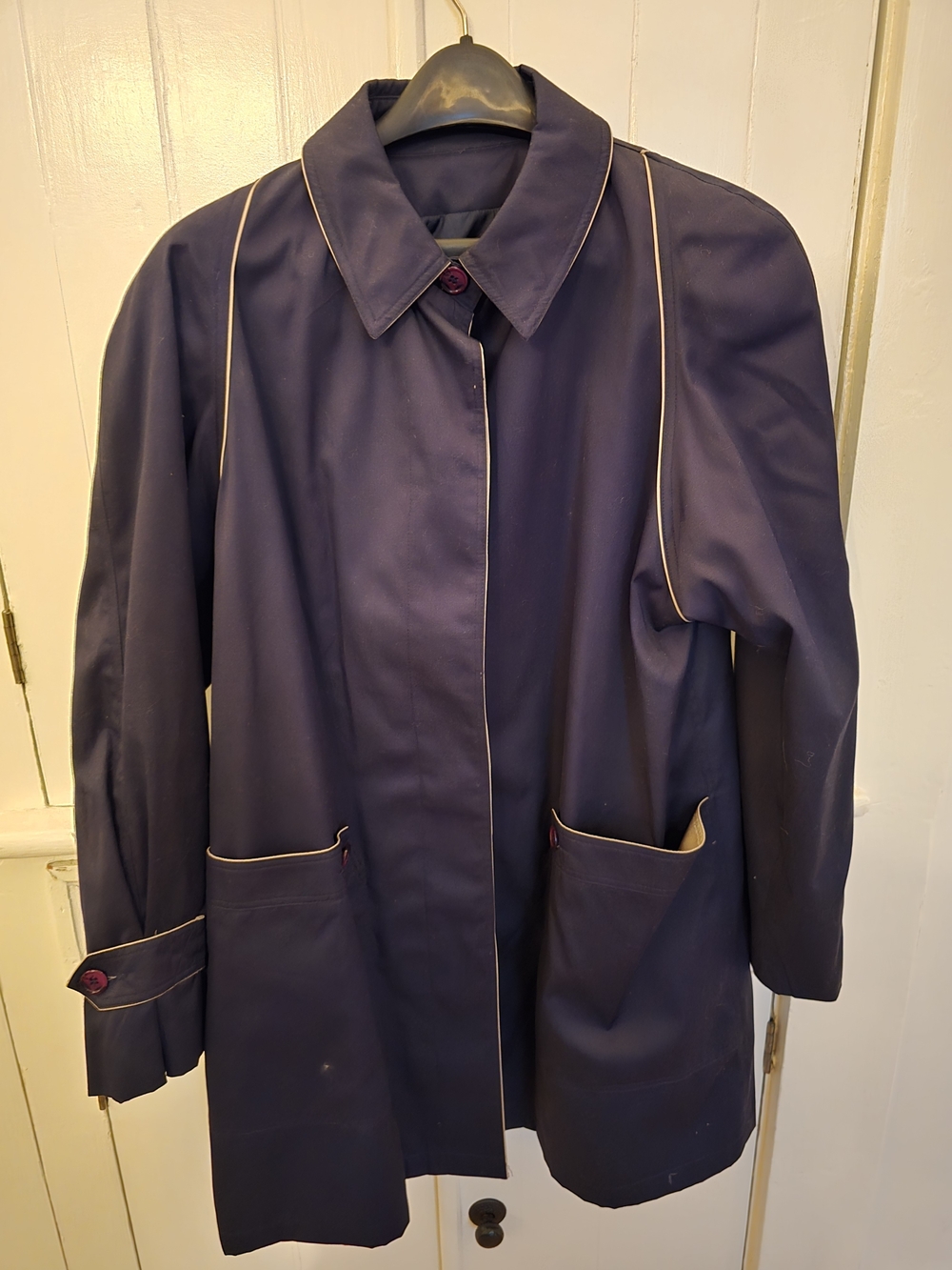 Navy Women's Single-Breasted Coat with Contrast Piping
